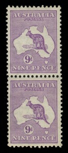 Kangaroos - Third Watermark: 9d Violet (Die 2B) vertical pair, (2) MUH.