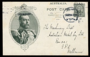 Postal Cards: OFFICIAL O.H.M.S. OVERPRINT: 1911 (P7e) 1d KGV in oval laurel wreath frame, used in May 1914 from Adelaide to Melbourne by the Chief Engineer for Railways. A scarce usage. Cat.$500.