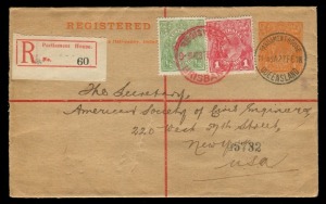 Registration Envelopes: 1918 (RE8) 4d orange KGV Registration Envelope, FU 27 Feb. 1918 from "PARLIAMENT HOUSE QUEENSLAND", uprated 1½d at BRISBANE P.O. with cds in red, for delivery to NEW YORK; with transit and arrival backstamps. A most attractive usage in VF condition.