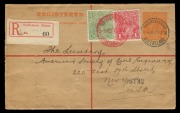 Registration Envelopes: 1918 (RE8) 4d orange KGV&nbsp;Registration Envelope, FU 27 Feb. 1918 from "PARLIAMENT HOUSE QUEENSLAND", uprated 1&frac12;d at BRISBANE P.O. with cds in red, for delivery to NEW YORK; with transit and arrival backstamps. A most attractive usag
