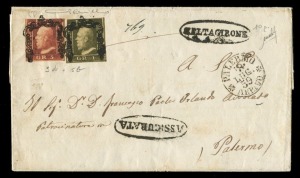 ITALY:KINGDOM OF SICILY July 1859 "registered" letter (outer) sent from CALTAGIRONE to PALERMO with 1gr green and 5gr deep rose-carmine [Sassone Spec. 5b + 9d], both tied by very fine strikes of Sicily's "horseshoe" cancels which leave the face of the kin