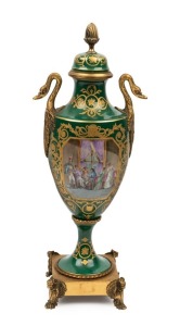 An antique French green porcelain mantle urn with ormolu mounts and hand-painted scene, signed "J. MISSANT", 19th century 41.5cm high