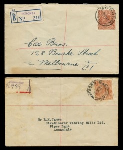KGV Heads - CofA Watermark: 5d ORANGE-BROWN KGV (SG.130) POSTAL USAGES: 1933-38 collection comprising single, multiple and mixed frankings, airmail and registered mail, domestic usages and mail to foreign destinations. Included are 4 reg'd covers with pro