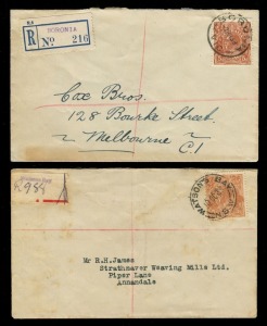KGV Heads - CofA Watermark: 5d ORANGE-BROWN KGV (SG.130) POSTAL USAGES: 1933-38 collection comprising single, multiple and mixed frankings, airmail and registered mail, domestic usages and mail to foreign destinations. Included are 4 reg'd covers with provisional labels from COMMERCE HOUSE MELB, WATSON'S BAY, BORONIA and GASCOYNE JUNCTION W.A.,as well as other reg'd covers. Foreign destinations include Holland, Germany, Hungary, N.Z., Newfoundland, Japan & Dutch East Indies and many other intere