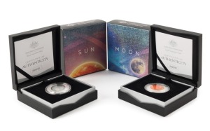 Coins - Australia: Decimal Proofs: $5 PROOFS: Earth & Beyond Series: The Moon, and The Sun, domed silver proof coins. (2).