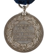 U.S.A.: Fifth Universal Postal Congress Member's Badge, Washington, D.C., 1897. Silver. 37mm. Washington bust right, rev. Six-line legend within wreath including date MDCCCXCVII. Rare. Fancy claw loop. With original ribbon and clasp. - 2