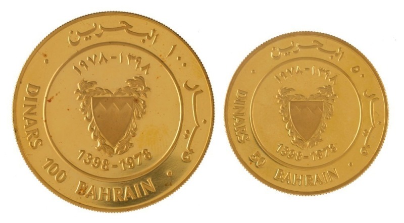 Coins - World: Bahrain: 1978 Isa Bin Salman gold Proofs "50th Anniversary of Bahrain Monetary Agency" 100 Dinars & 50 Dinars, in leather-bound case of issue; 48gms (total), 22ct.