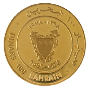 Coins - World: Bahrain: 1978 Isa Bin Salman gold Proof "50th Anniversary of Bahrain Monetary Agency" 100 Dinars, 32gms, 22ct., in leather-bound case of issue.