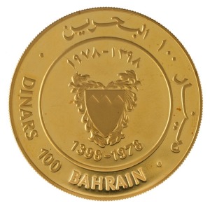 Coins - World: Bahrain: 1978 Isa Bin Salman gold Proof "50th Anniversary of Bahrain Monetary Agency" 100 Dinars, 32gms, 22ct., in leather-bound case of issue.