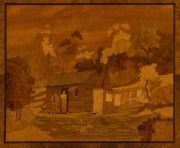 An Australian pictorial marquetry inlaid panel of a pioneers hut and figures in landscape, mounted in Queensland maple, 19th/20th century, 51 x 38.5cm overall - 2