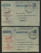 Aerophilately & Flight Covers: AIRLETTERS with Special Event Overprints: April 1946 (AAMC.1036a) Sydney - Singapore flown airletter with overprint in purple and signed by the pilots, Furze and Moxham; April 1946 (AAMC.1038a) Sydney - London flown airlette - 2