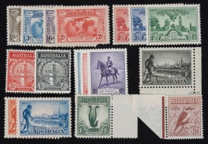 1931 Kingsford Smith, 6d sepia Airmail, 1/- Large Lyrebird, 6d Kookaburra, 1934 Victoria Centenary, 1935 ANZAC, 1935 Jubilee and 1936 South Australia, complete sets, fresh MUH, (17).