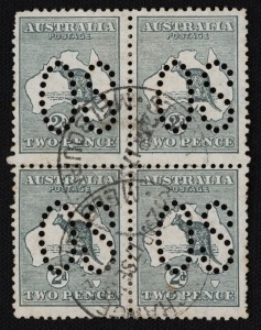 Kangaroos - First Watermark: 2d Grey, blk.(4) perforated Small OS, FU at MELBOURNE, Dept.1913; cpl. nibbed perfs but scarce thus. [SG.03].