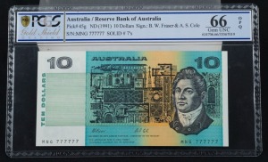 Banknotes - Australia: Decimal Banknotes: TEN DOLLARS, Queen Elizabeth II, Fraser/Cole (1991) MNG 777777 (R.313a) with Plate Letter, Uncirculated. [PCGS 66 "Gem UNC"].