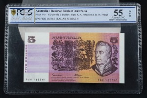 Banknotes - Australia: Decimal Banknotes: FIVE DOLLARS, Queen Elizabeth II, Johnston/Fraser (1985) PQQ 165561 (R.209a), Uncirculated. [PCGS 55 "About UNC"].