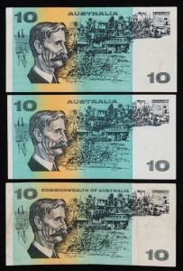 Banknotes - Australia: Decimal Banknotes: TEN DOLLARS, 1968-89: R.303, R.309 & R.312, mixed condition. (3).