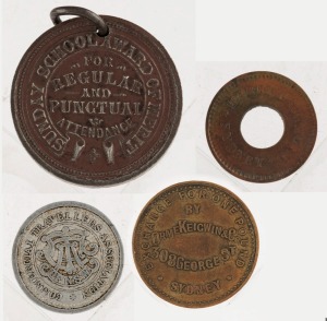 ORME KEIGWIN & Co £1 brass token, Commercial Travellers Assoc. 6d aluminium token, HARRY LACHMUND SYDNEY token, and Sunday School Award of Merit medal, (4 items).