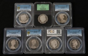 Coins - Australia: Queen Elizabeth II, a collection of individually slabbed and graded proof 50c pieces: 1976, 1979, 1983, 1987, 1999, 2004 & 2005. (7 items).