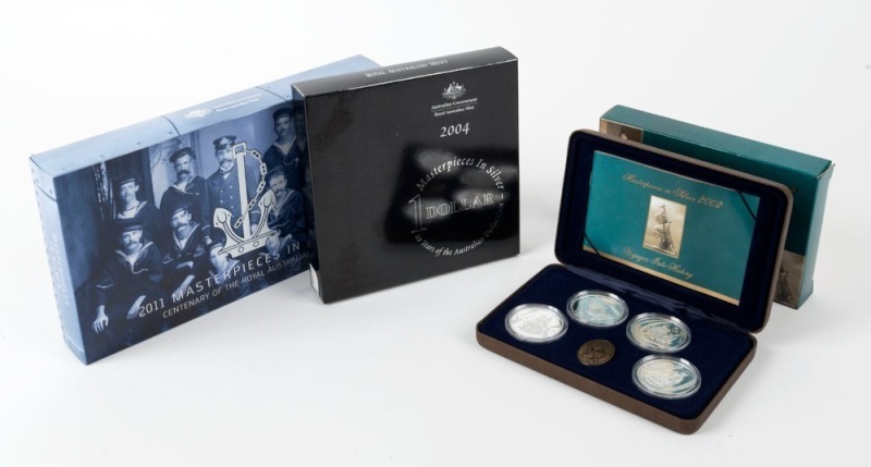 Coins - Australia: Masterpieces in Silver: 2002 Voyages into History, 2004 Twenty Years of the Australian Dollar Coin, 2011 Centenary of the Royal Australian Navy, (3 boxed sets).