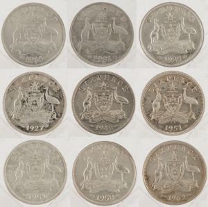 Coins - Australia: Sixpence: George V, 1914, 1921, 1925, 1927; George VI, 1942D, 1951L, 1951M; Elizabeth II, 1958 & 1962. (9). Mixed condition.