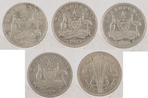 Coins - Australia: Threepence: George V, 1917, 1923, 1925, 1928; George VI 1938, (5). Mixed condition.