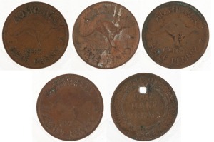 Coins - Australia: Half Penny: Small range incl. 1911, 1914, 1933 (holed), etc; also 1888 Melbourne Exhibition silver medalet (holed) . (9 items).