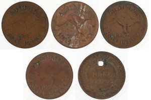 Coins - Australia: Half Penny: Small range incl. 1911, 1914, 1933 (holed), etc; also 1888 Melbourne Exhibition silver medalet (holed) . (9 items).