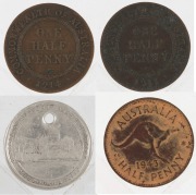 Coins - Australia: Half Penny: Small range incl. 1911, 1914, 1933 (holed), etc; also 1888 Melbourne Exhibition silver medalet&nbsp;(holed) . (9 items). - 2