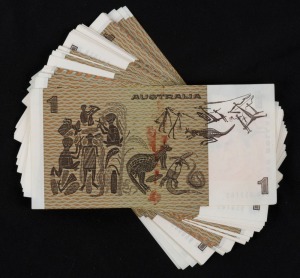 Banknotes - Australia: Decimal Banknotes: One dollar, Knight/Stone 1979 (R.77) CYR 950060 - CYR 950085; CYR 950087 - CYR 950113; CYR 950115 - CYR 950122; CYR 950124 - CYR 950125; CYR 950127 - CYR 950129; CYR 950131; CYR 950134; CYR 950137; CYR 950151 - CYR 950159; CYR 950164 - 165; all Unc; also one defective note. (Total: 79).