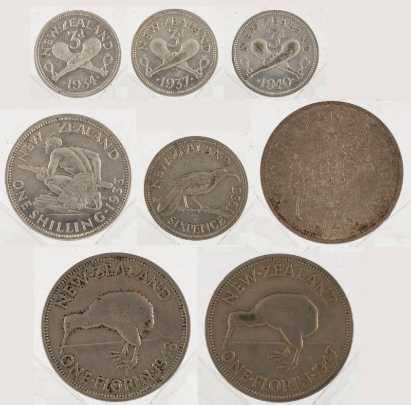 Coins - World: New Zealand: Nice group comprising of 1934, 1937 & 1940 3d's; 1933 6d; 1933 1/-; 1947 and 1948 2/- and 1949 Crown, (8); mainly VF/EF.