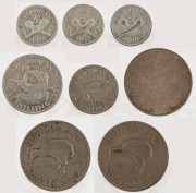 Coins - World: New Zealand: Nice group comprising of 1934, 1937 & 1940 3d's; 1933 6d; 1933 1/-; 1947 and 1948 2/- and 1949 Crown, (8); mainly VF/EF.