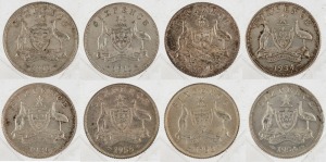 Coins - Australia: Sixpence: George V, 1910, 1911, 1925, 1934 & 1936; Elizabeth II, 1953, 1954 & 1955. (Total: 8), VF-EF.