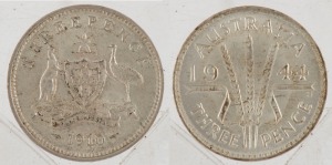 Coins - Australia: Threepence: George V, 1910, aUnc; George VI, 1944, Unc. (2).