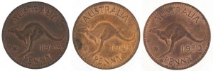 Coins - Australia: Penny: George V, 1938, 1948M & 1952M, (3) all aUnc.