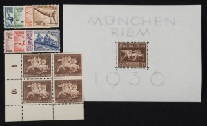GERMANY:1936 Berlin Olympics set (Mi.609-16), 1936 Brown Ribbon Miniature Sheet (Mi.blk.4), 1941 42+108pf Brown Ribbon, cnr.blk.4 (Mi.780). All superb MUH.