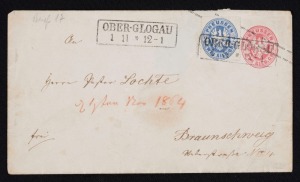 GERMAN STATES:PRUSSIA: 1864 usage of 1 Sgr Envelope uprated 2 Sgr blue for use from OBER-GLOGAU to BRAUNSCHWEIG; opening faults verso.