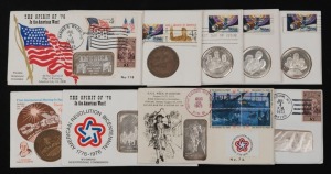 UNITED STATES OF AMERICA - Postal History:FDCS with medals: July 1973 Wyoming with Frontier Mint 1oz silver; May 1974 Skylab (3 diff.) all with 1oz silver medal; May 1974 Skylab with bronze Scout Jamboree medal; July 1975 Apollo/Soyez with bronze medal; J