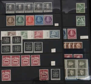 GERMANY:WEST BERLIN: 1950-53 accumulation incl. 1950 Berlin Philharmonic **, 1951 Stamp Day **, 1951 Freedom Bell set **, 1952 (Mi.98) 25pf Schinkel (12 **), 1952 (Mi.100) 40pf Humboldt (5 **), 1953 Freedom Bell set **, 1953 Church set **, 1953 4pf & 20pf