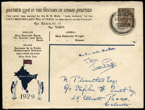 June 1929 Joan Page special illustrated cover, carried on the Dum Dum - Calcutta flight; with DUM DUM cds & "Flown Joan Page" cachet.