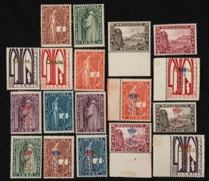 BELGIUM: 1928 Orval Abbey Reconstruction set of 9 complete MUH; plus the set overprinted with the "L" Royal Cypher, complete Mint. (18).