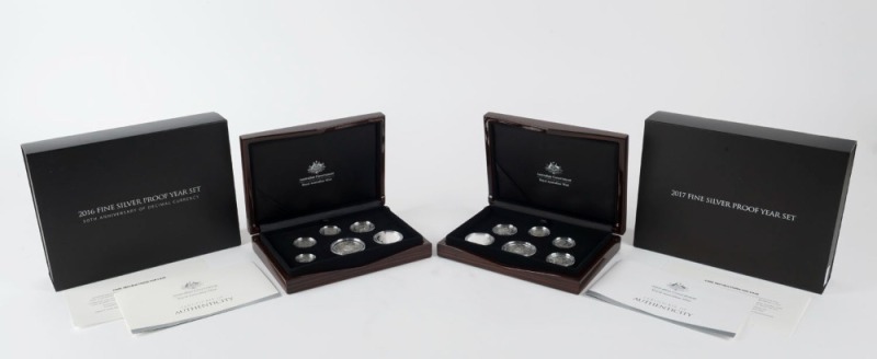 Coins - Australia: Decimal Proofs: RAM Fine Silver Proofs 2016 & 2017 sets in wooden cases of issue. (2 complete sets).