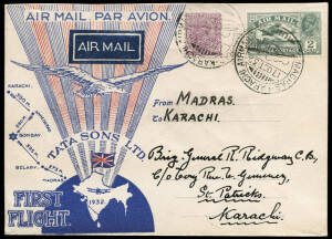 17 Oct.1932 illustrated cover by Tata Sons Ltd for the first flight flight Madras - Karachi, with special cds's in use at Madras for one day only.