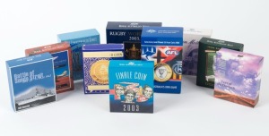 Coins - Australia: Decimal Proofs: $5 PROOFS: A collection comprising 1994 Enfranchisement of Women, 1996 Bradman, 1998 Flying Doctor, 2002 Battle of Sunda Strait (USS Houston), 2002 Queen Mother, 2002 Year of the Outback, 2002 silver Commonwealth Games, 2003 Volunteers (hologram), 2003 Rugby - gold plated, and 2004 Australian Rules Football. (10 items).