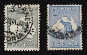 Kangaroos - Third Watermark: WATERMARKS INVERTED: 2d Grey (Die 1) perforated OS [BW.7ba - Note 3 - Cat.$400] plus 6d Ultramarine (Die 2) [BW.19a - Cat.$275], FU (2).