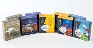 Coins - Australia: Decimal Proofs: KANGAROO SERIES SILVER DOLLAR PROOFS: 2005 (2), 2006 (2), 2007 Rolf Harris (1), 2008 Reg Mombassa (2), 2009 Ken Done (2). (Total: 9).