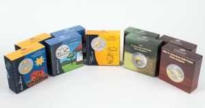 Coins - Australia: Decimal Proofs: KANGAROO SERIES SILVER DOLLAR SELECTIVELY GOLD PLATED: 2004 (2), 2005 (2), 2007 Rolf Harris (1), 2008 Reg Mombassa (2), 2009 (2). (Total: 9).