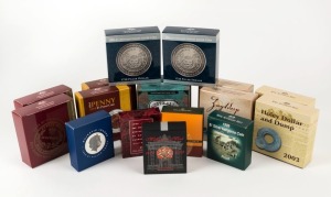 Coins - Australia: Decimal Proofs: SILVER COMMEMORATIVE DOLLAR PROOFS: 1996 "30th Anniversary of Decimal Currency" (1), 1999 "Majestic Images" (2, one lacks cardboard box), 2000 "Cartwheel Penny" (1), 2002 "Melbourne Mint" (1), 2003 "Holey Dollar and Dump" (2), 2004 "40th Anniversary of the last Penny" (2), 2005 "Sydney Mint Half Sovereign" (2), 2006 "Spanish Pillar Dollar" (2), 2008 "Kookaburra Penny" (2), 2011 "Zuytdorp Shipwreck" (2). (Total: 17).