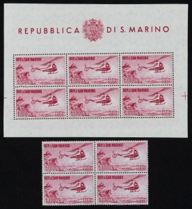 SAN MARINO:1961 1000L Helicopter, blk.4. together with a complete sheetlet of 6. All superb MUH. (4+sheetlet).