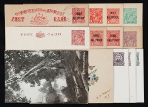 Postal Cards: A KGV-period collection including 1911 Coronation cards (5, all different), 1911 1d River Yarra, Victoria [P21(3)], 1915 1d red KGV [P27] unused but with attractive painting verso; 1916 1d red KGV [P28]; 1918 "THREE HALFPENCE" on 1d Red [P48