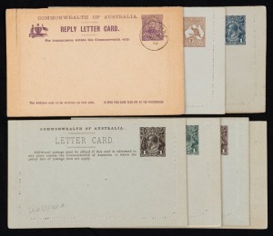 Letter Cards: Attractive group, all Unused except where noted; comprising LC13 "Giant Red Gum, Vic. / Queen's Gardens Perth W.A." CTO; LC14 "Botanic Gardens, Portland, Vic."; LC21 "Avon River, York W.A." (2, different colours); LC21 "Harvesting, Tamworth 